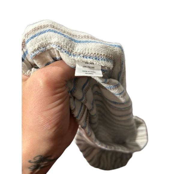 For Cynthia Linen Blend White Blue Tan Striped Pants Large Drawstring Pockets - Picture 7 of 10